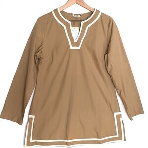 SHUKR long sleeve camel & white tunic, Size M, NWT